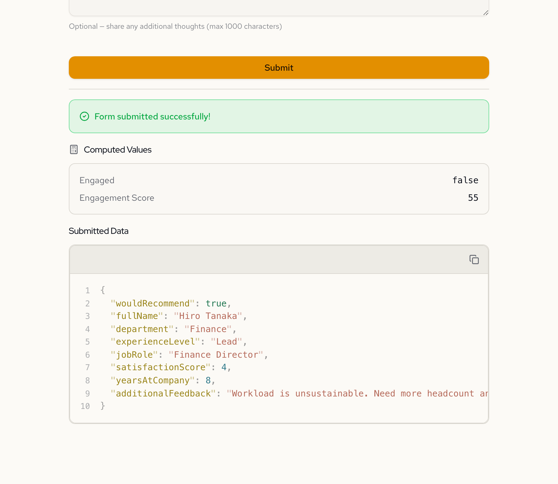 Form result showing a not engaged employee with low score