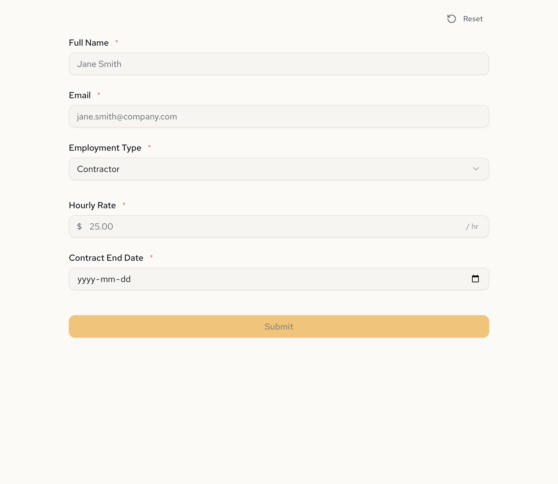 Form showing hourly rate and contract end date after selecting Contractor