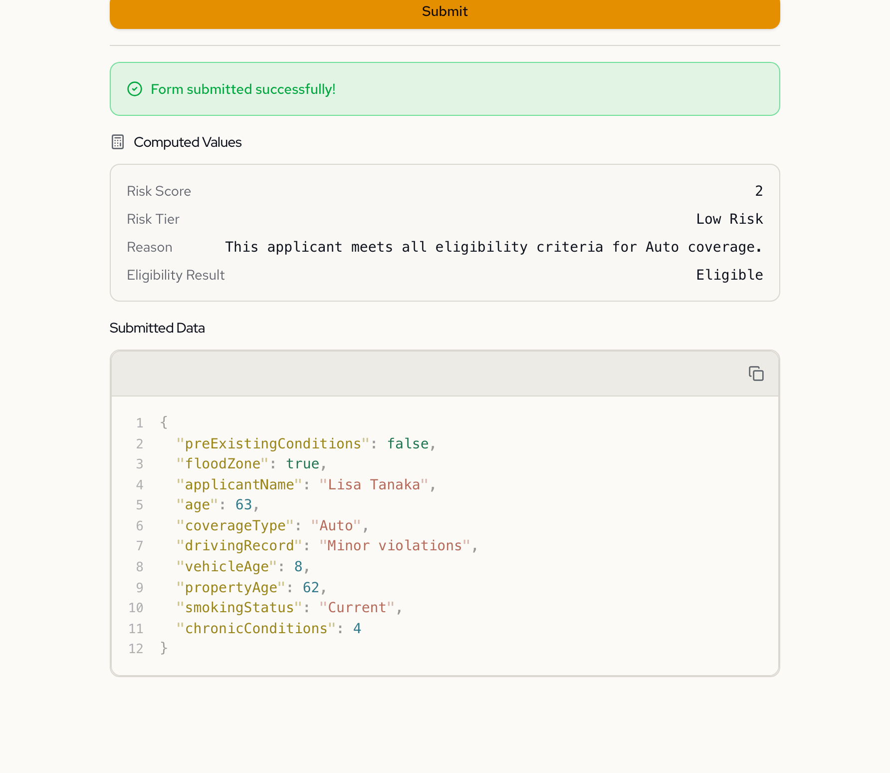 Form result showing an eligible applicant with risk score 2 and Low Risk tier