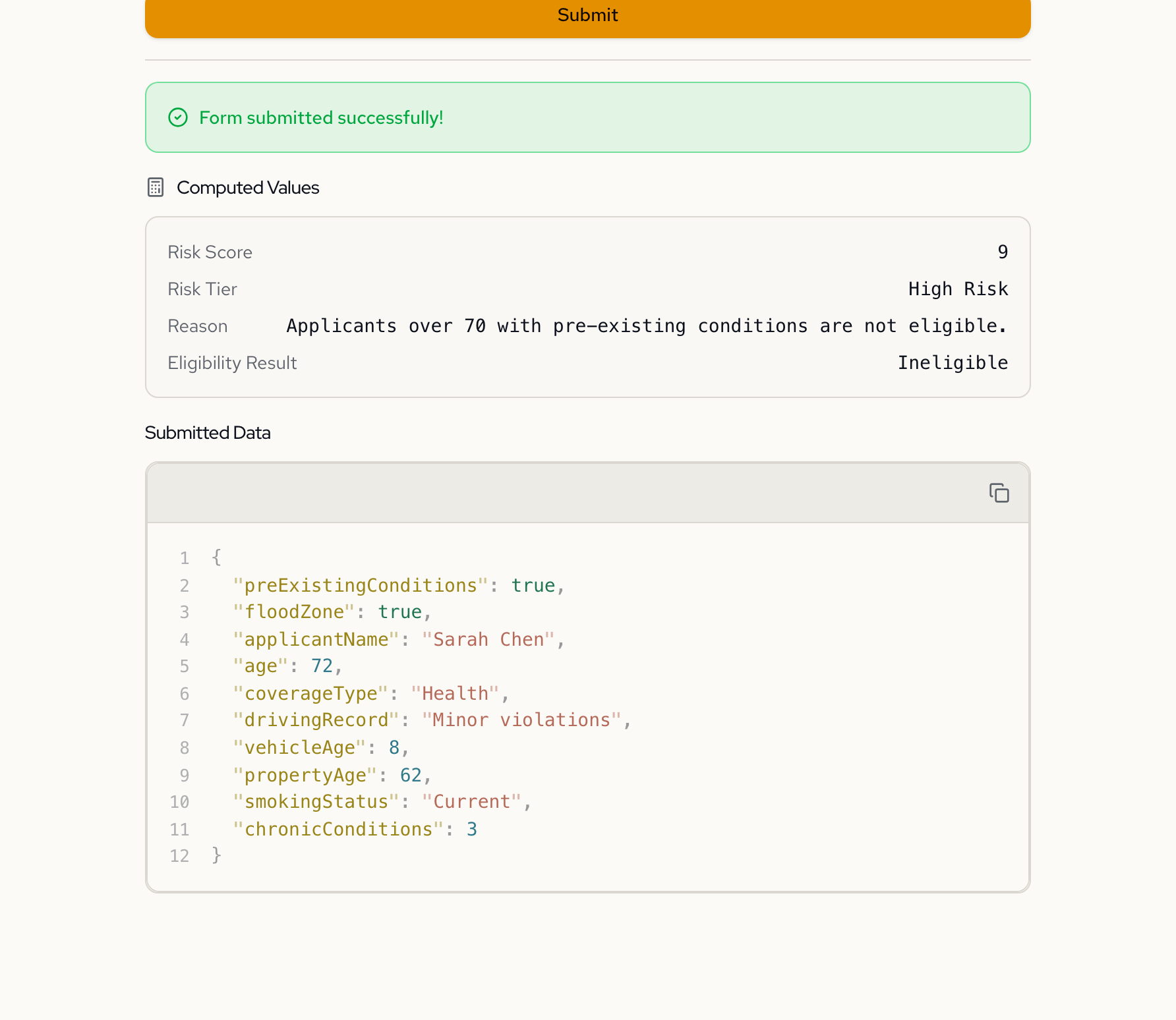 Form result showing an ineligible applicant with risk score 9 and High Risk tier